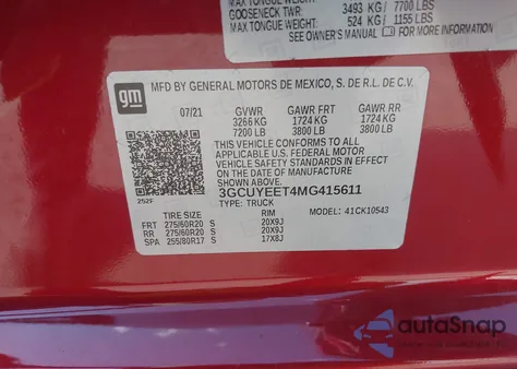 2021 Chevrolet Silverado 1500 4Wd Short Bed Rst из США, поврежденный, VIN 3GCUYEET4MG415611